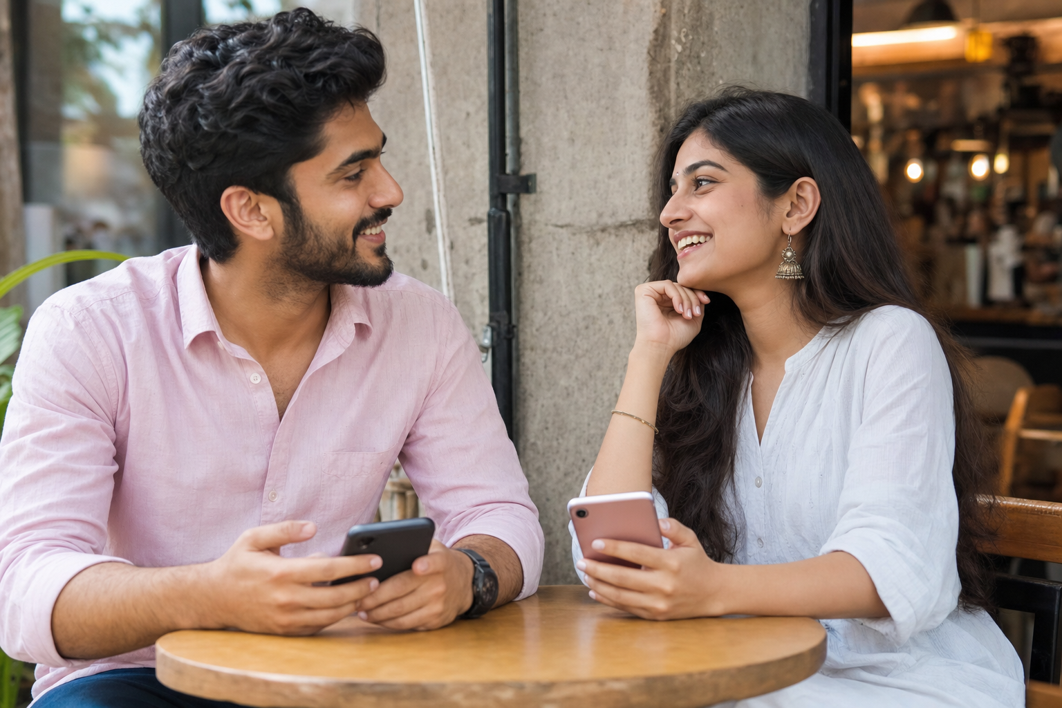 Indian companions chatting over coffee