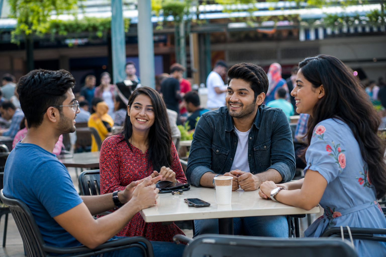 Friends meeting safely at a public mall in India