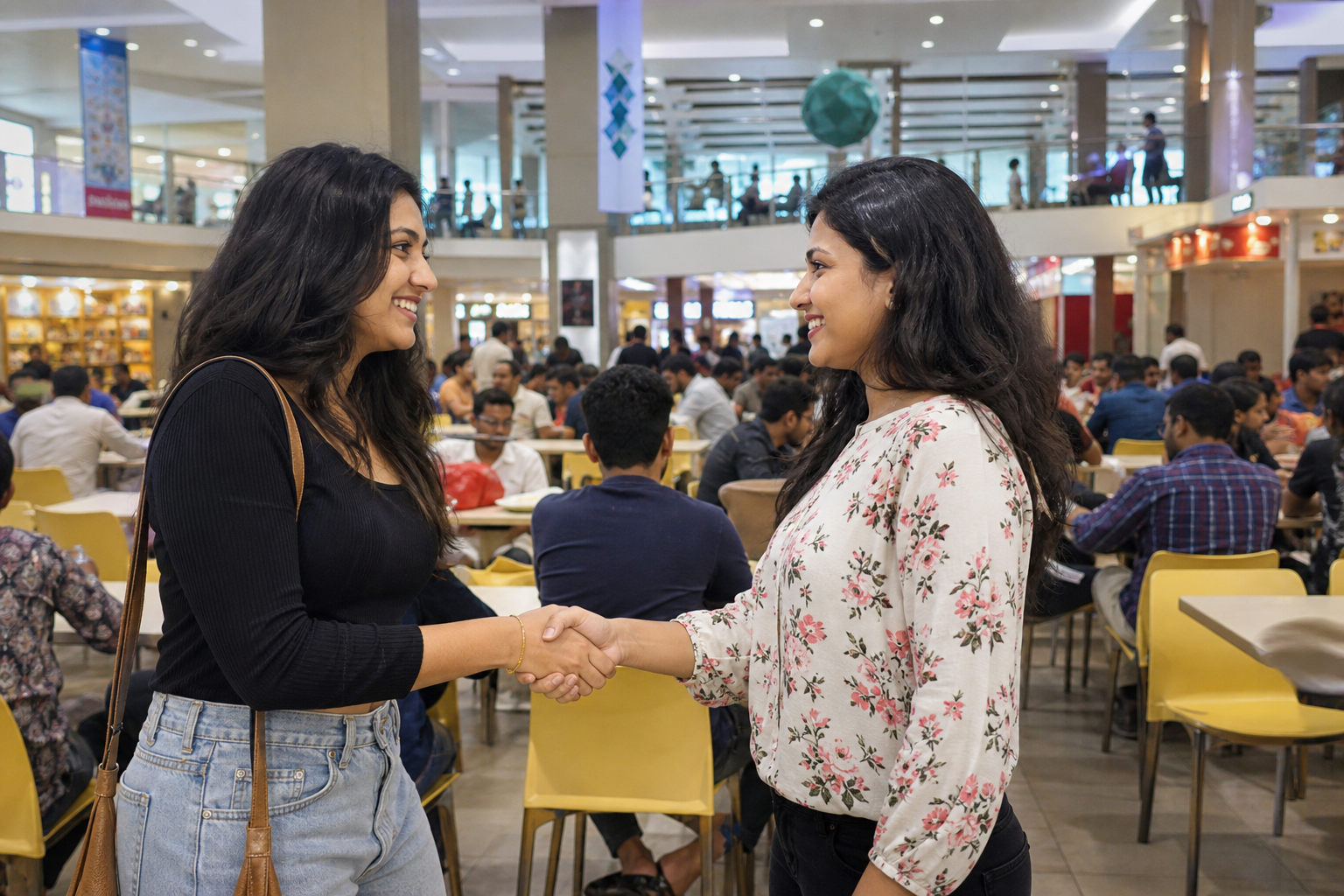 Indian companions meeting at a public mall